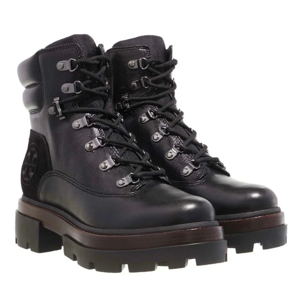 Tory Burch Lug Miller black calf leather TB monogram patch padded ankle lace-up